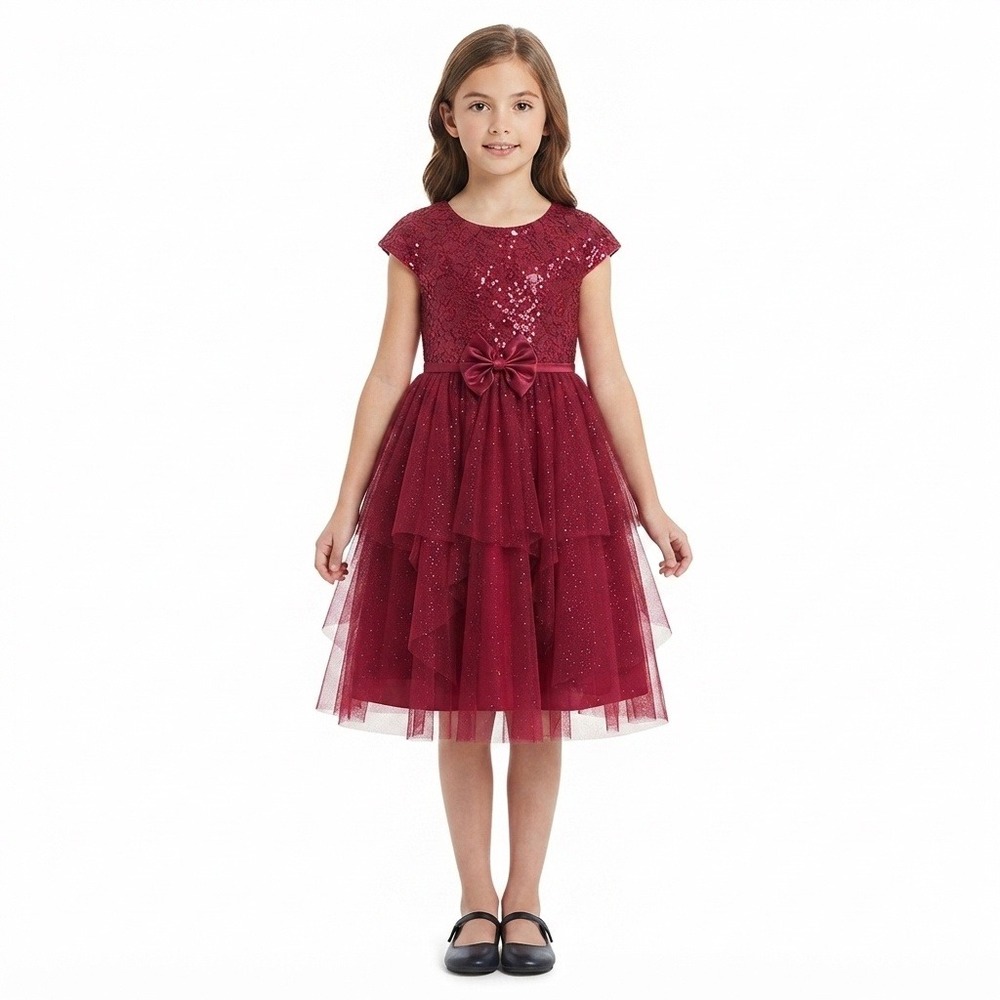 Jona Michelle Dress 8 Girls Burgundy Sequin Lace Glitter Tulle Party
